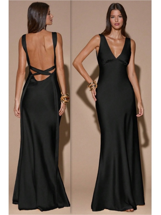 Rouge! Dresses & Skirts - Black Satin Maxi Dress Criss Cross Back Ties
